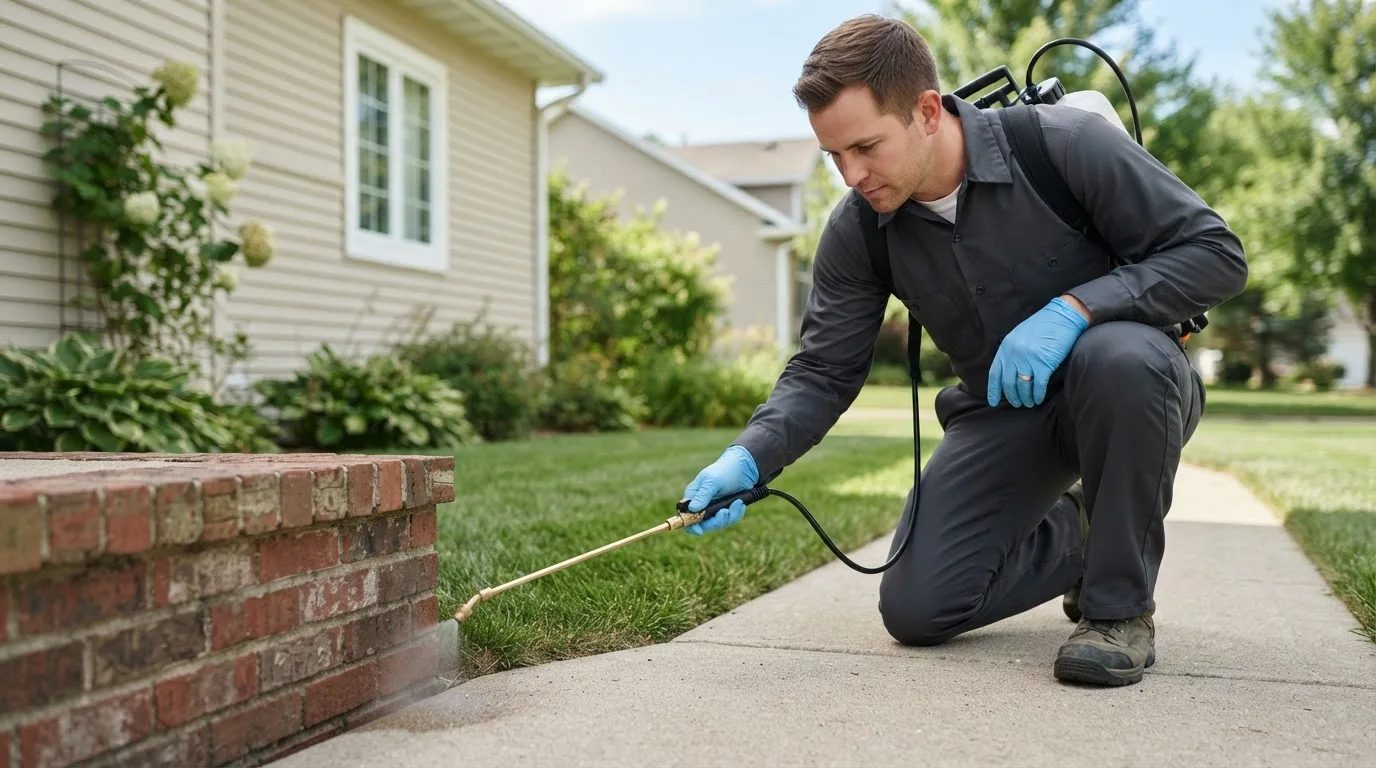 Pest control technician treating a home near Lyons, IN